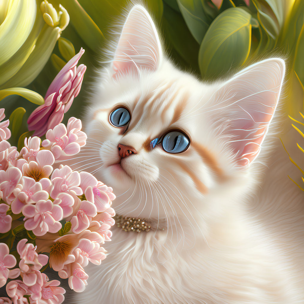 White Kitten with Blue Eyes Among Pink Blossoms and Green Foliage