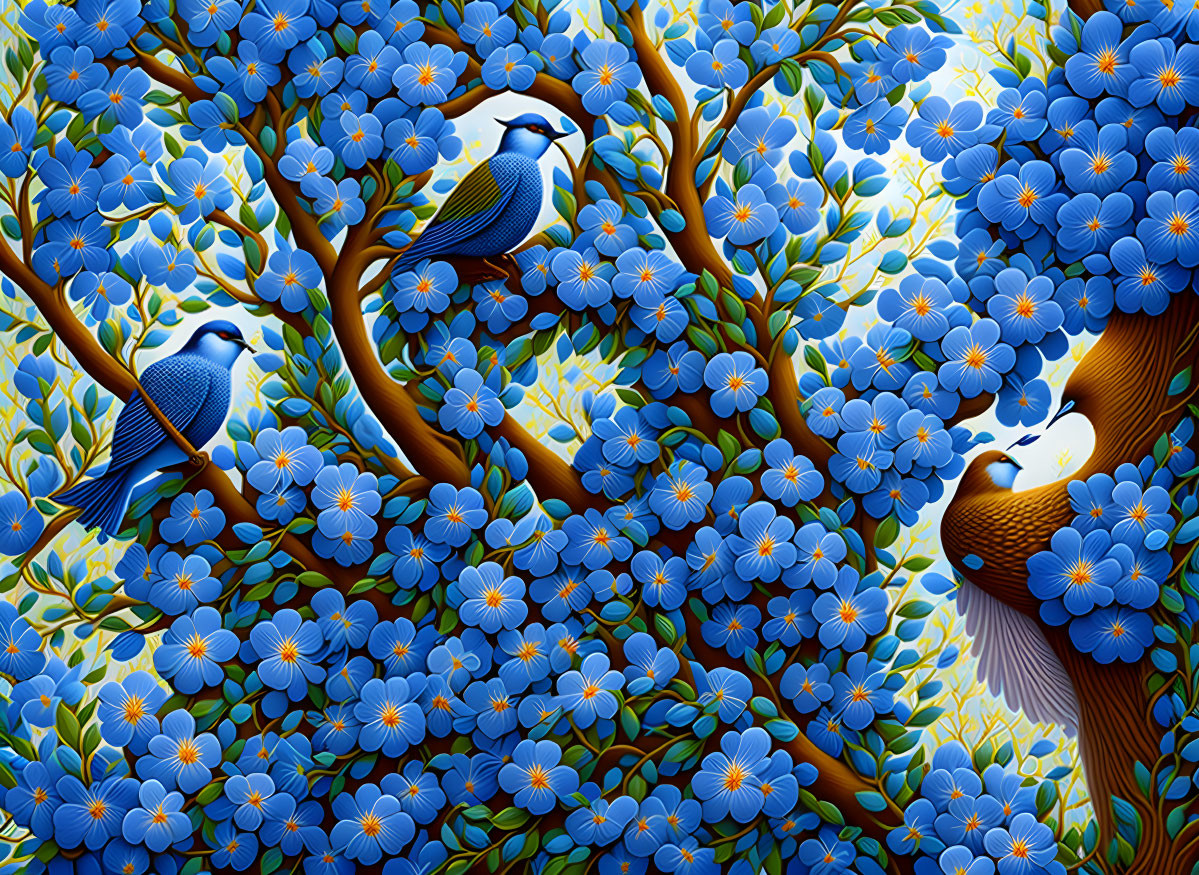 Detailed Illustration of Three Blue Birds Among Blue Blossoms on Brown Branches