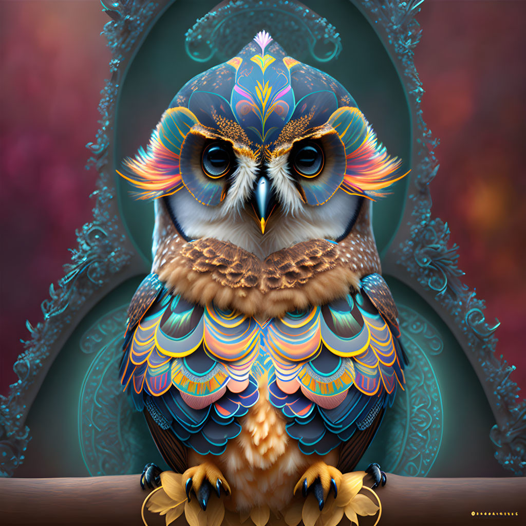 Colorful Owl Illustration Perched on Ornate Branch