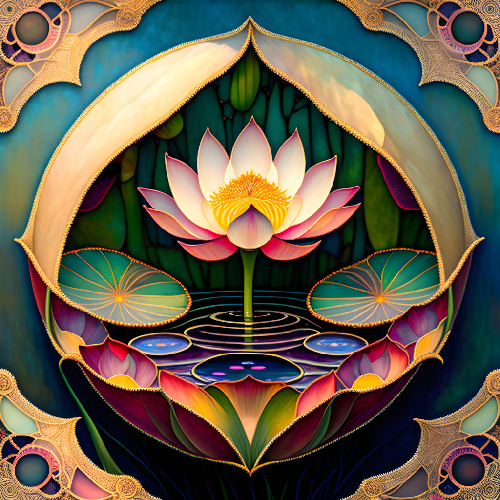 Symmetrical lotus flower digital painting with mandala patterns