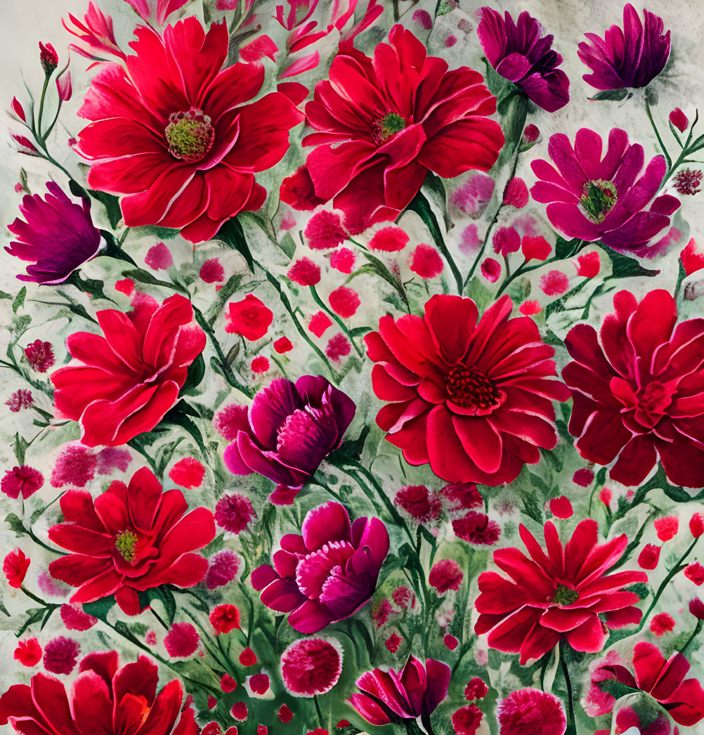 Red and Magenta Flower Pattern on Textured Grey Background