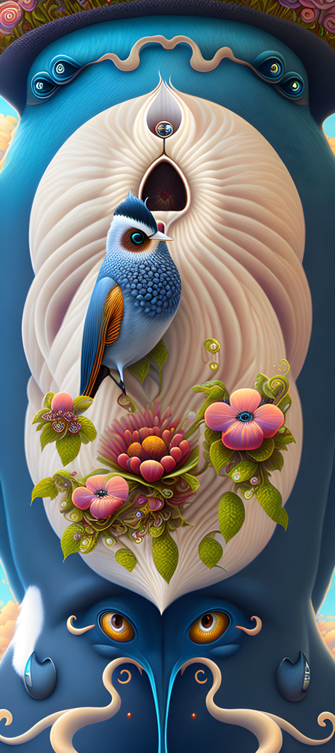 Blue bird on blossoming flowers in mystical setting