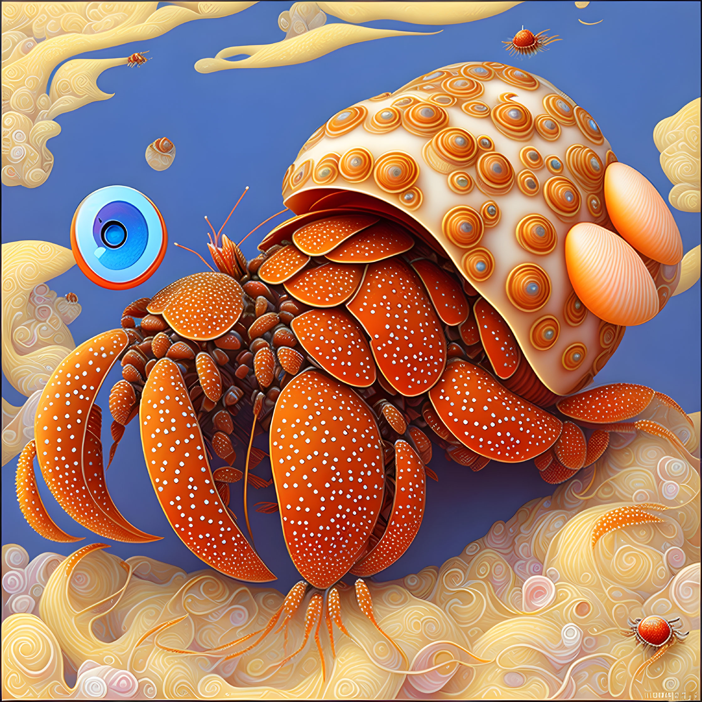 Colorful Hermit Crab Illustration with Patterned Shell and Blue Eye