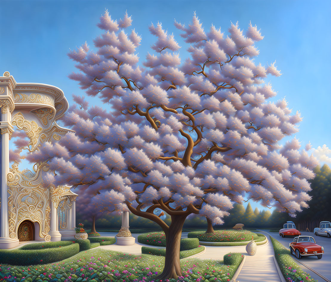 Tranquil scene of blooming tree, red car, and ornate building