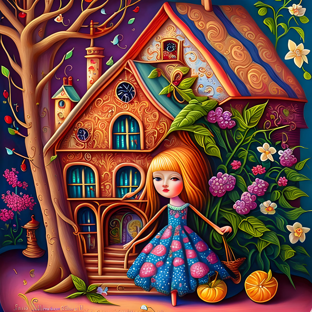 Illustration: Blonde girl in blue dress by vibrant, fantastical house