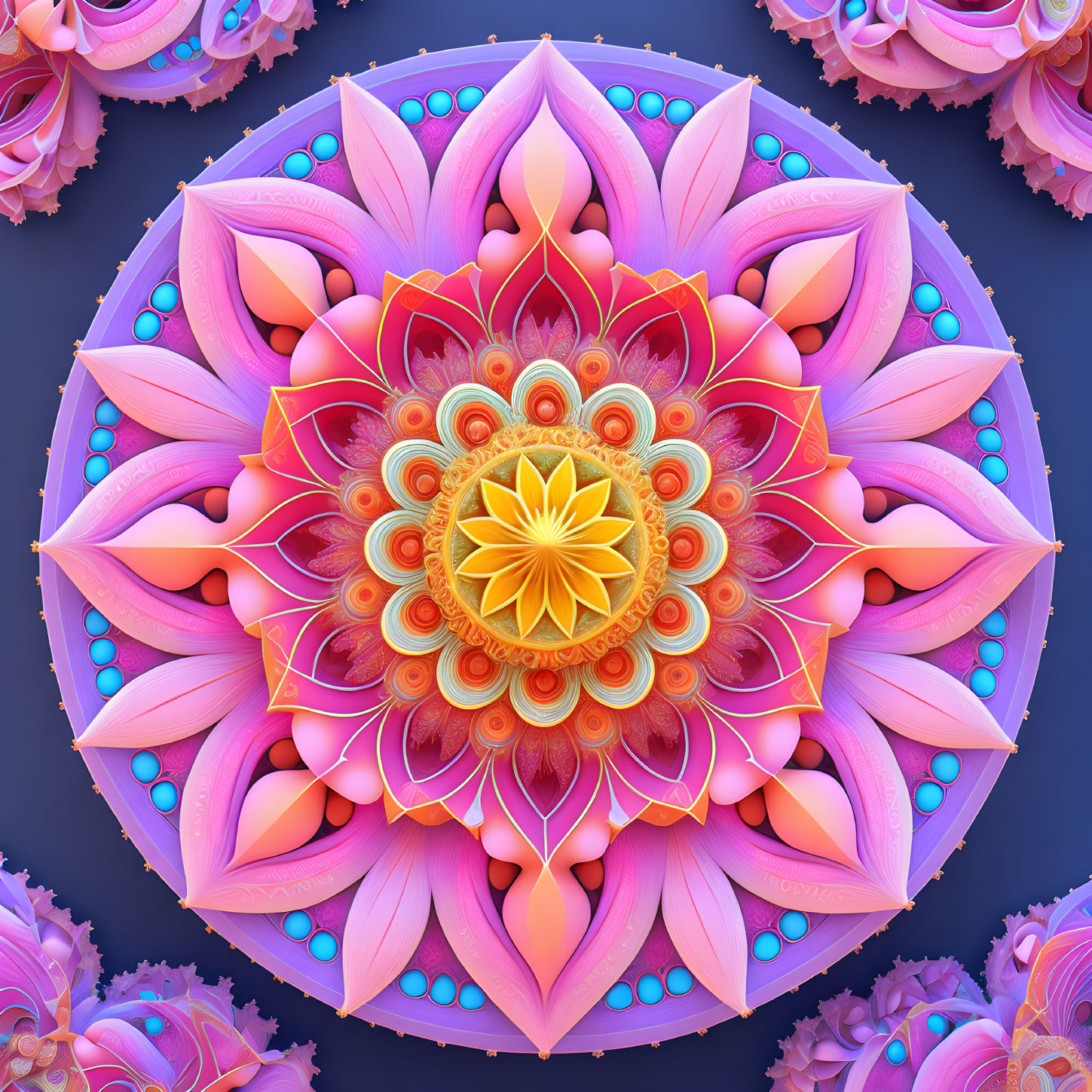 Symmetrical mandala digital art with pink, purple, and orange petals around a golden star.