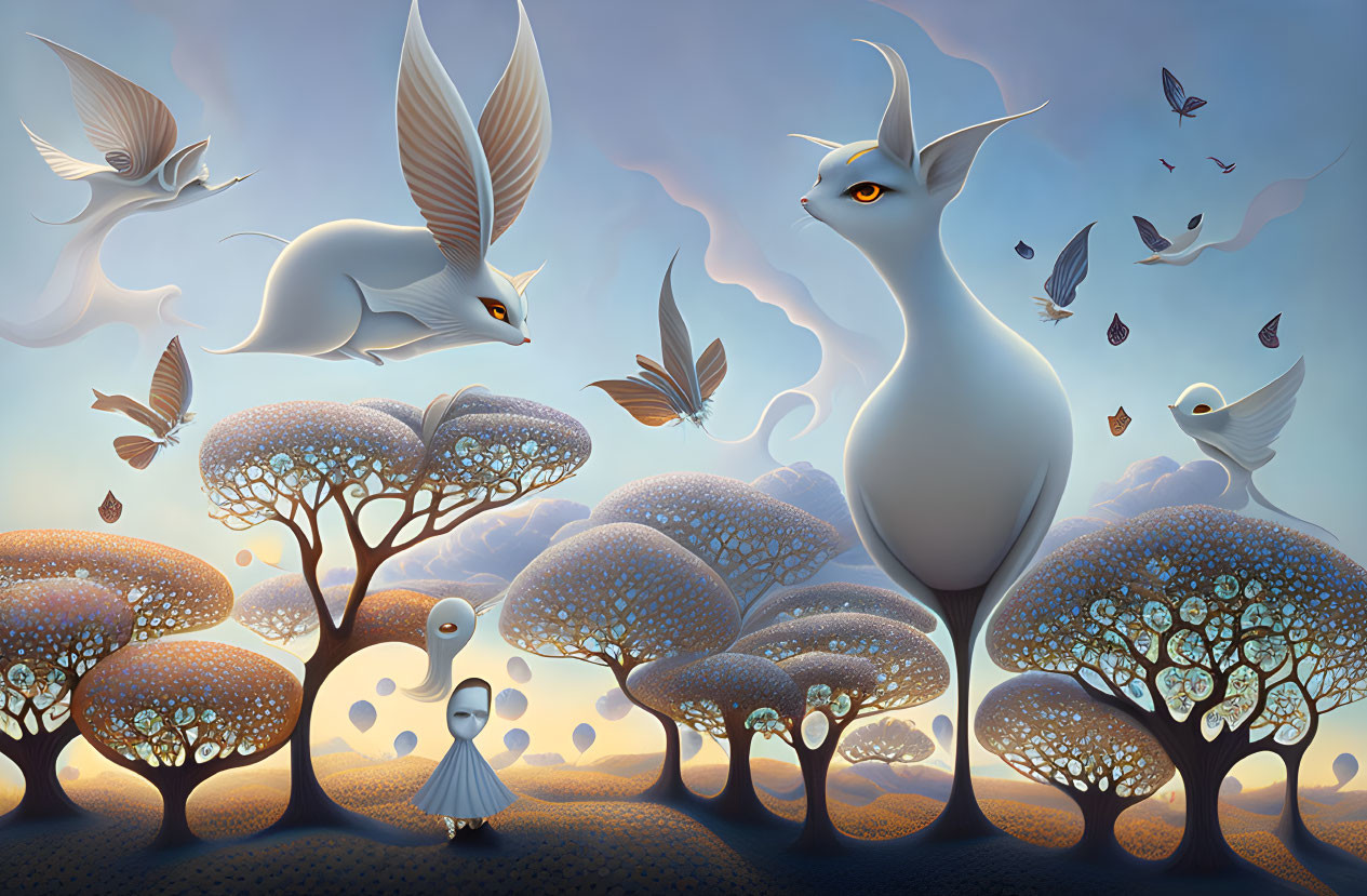 Surreal landscape with stylized trees, girl in swan hat, and fantastical creatures