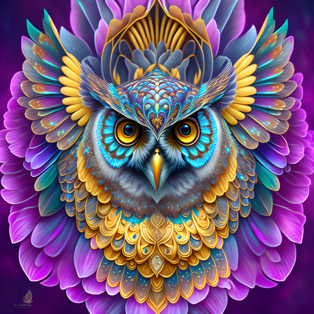 Colorful owl digital art with intricate patterns and symmetrical feather details