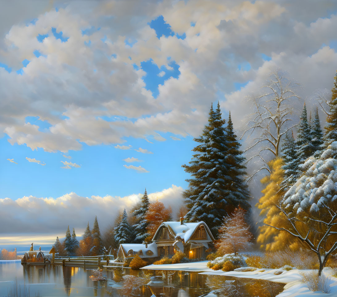 Snow-covered trees, cozy cottage, calm lake: Winter scene at sunset