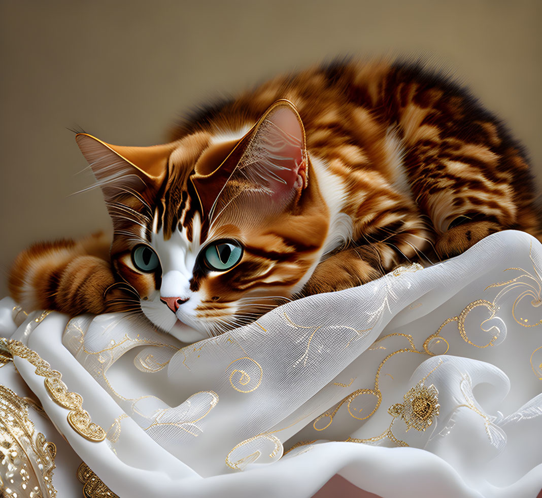 Striped Cat with Green Eyes Resting on White Fabric with Gold Embroidery