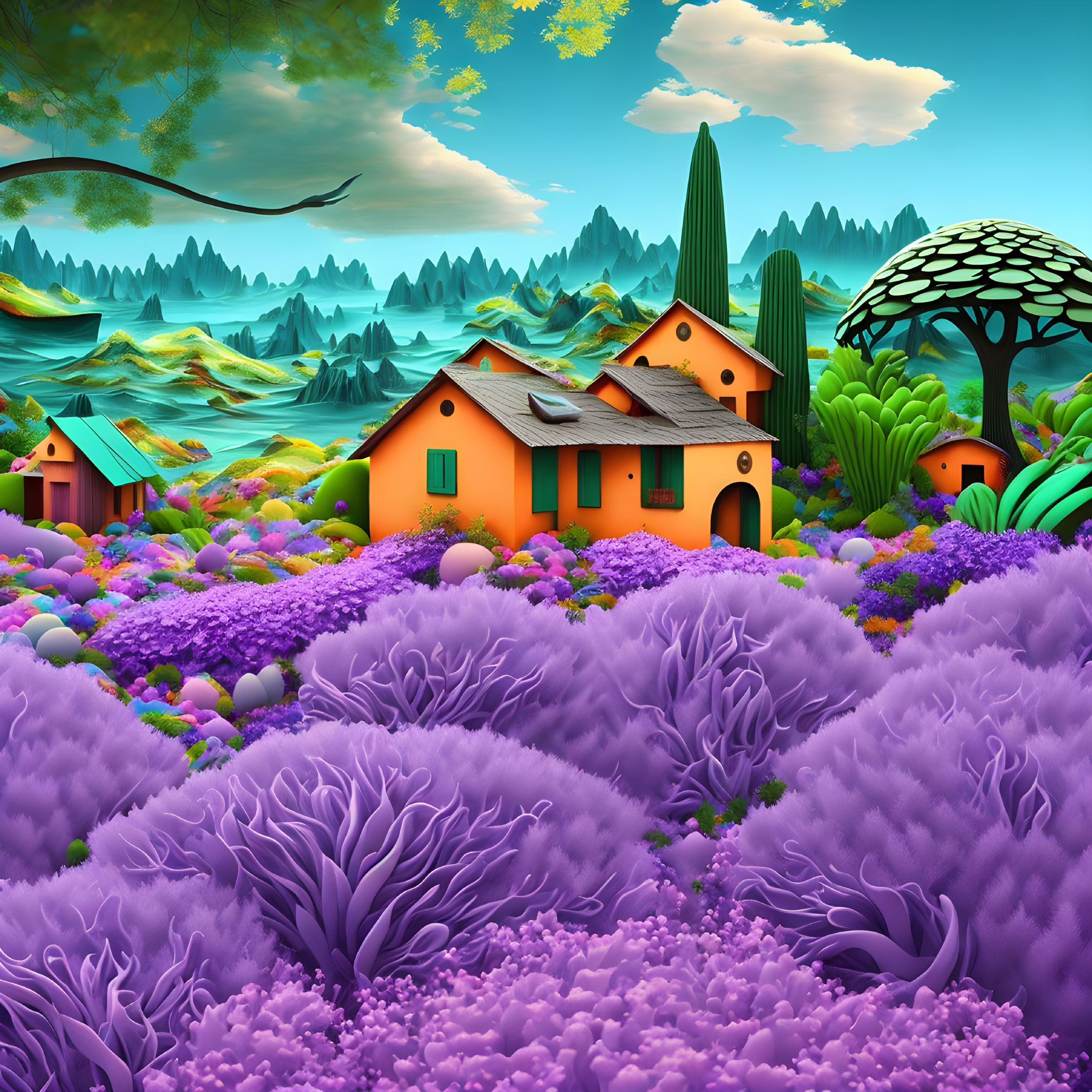 Colorful digital artwork: Fantasy landscape with purple foliage and whimsical houses