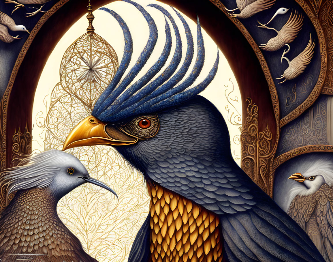 Detailed Stylized Bird Illustration with Majestic Blue Crested Bird