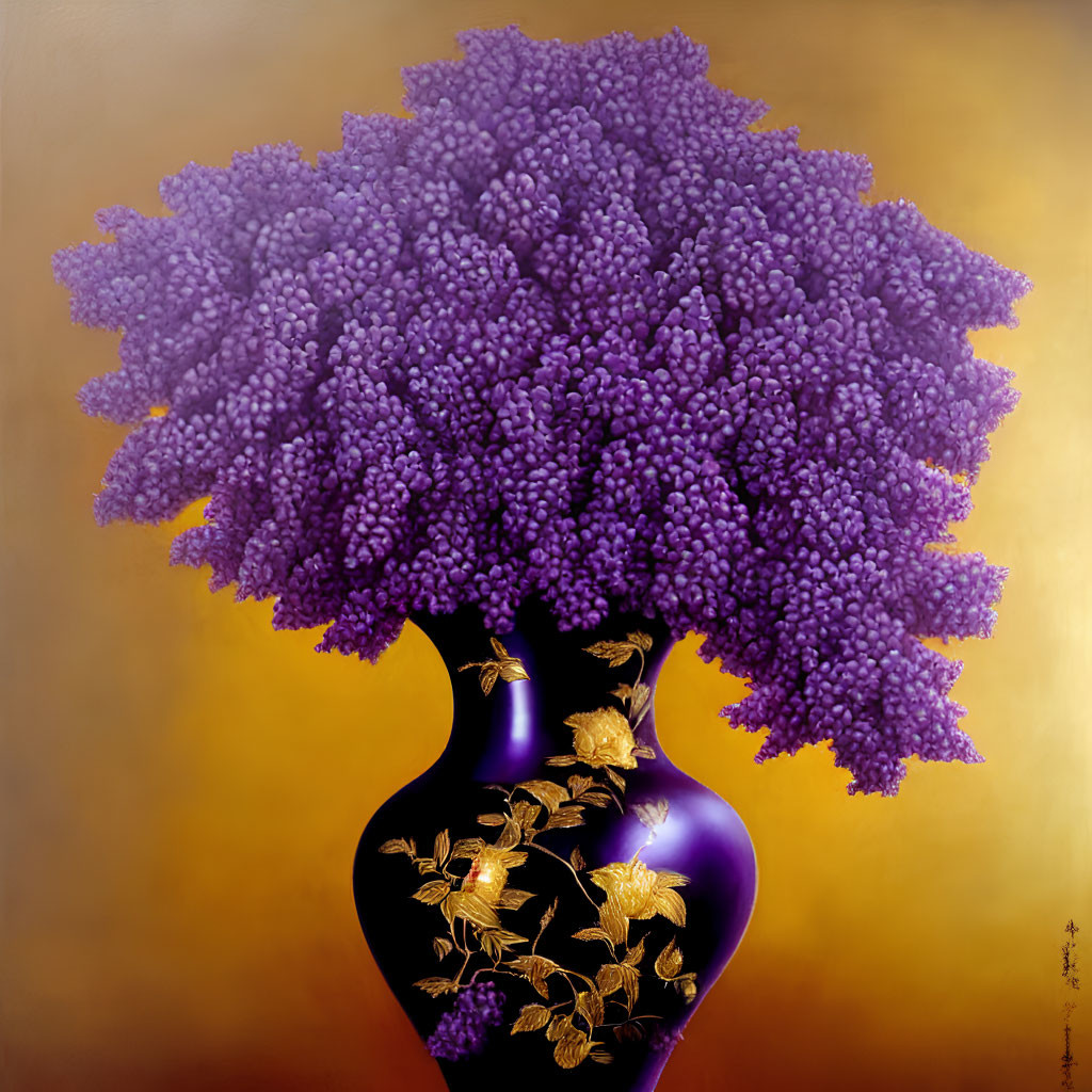 Stylized purple tree in black vase with gold floral patterns on golden backdrop