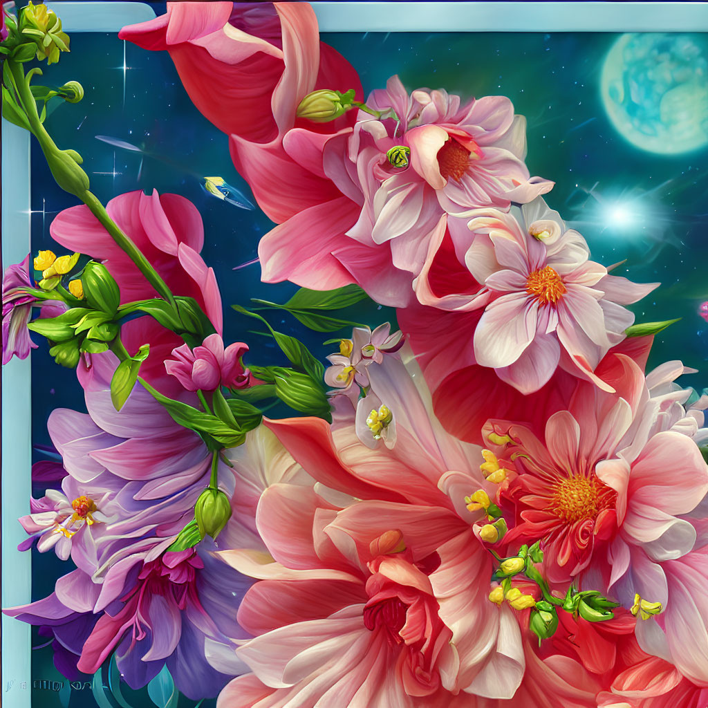 Colorful pink and purple flowers on cosmic background with stars and green planet