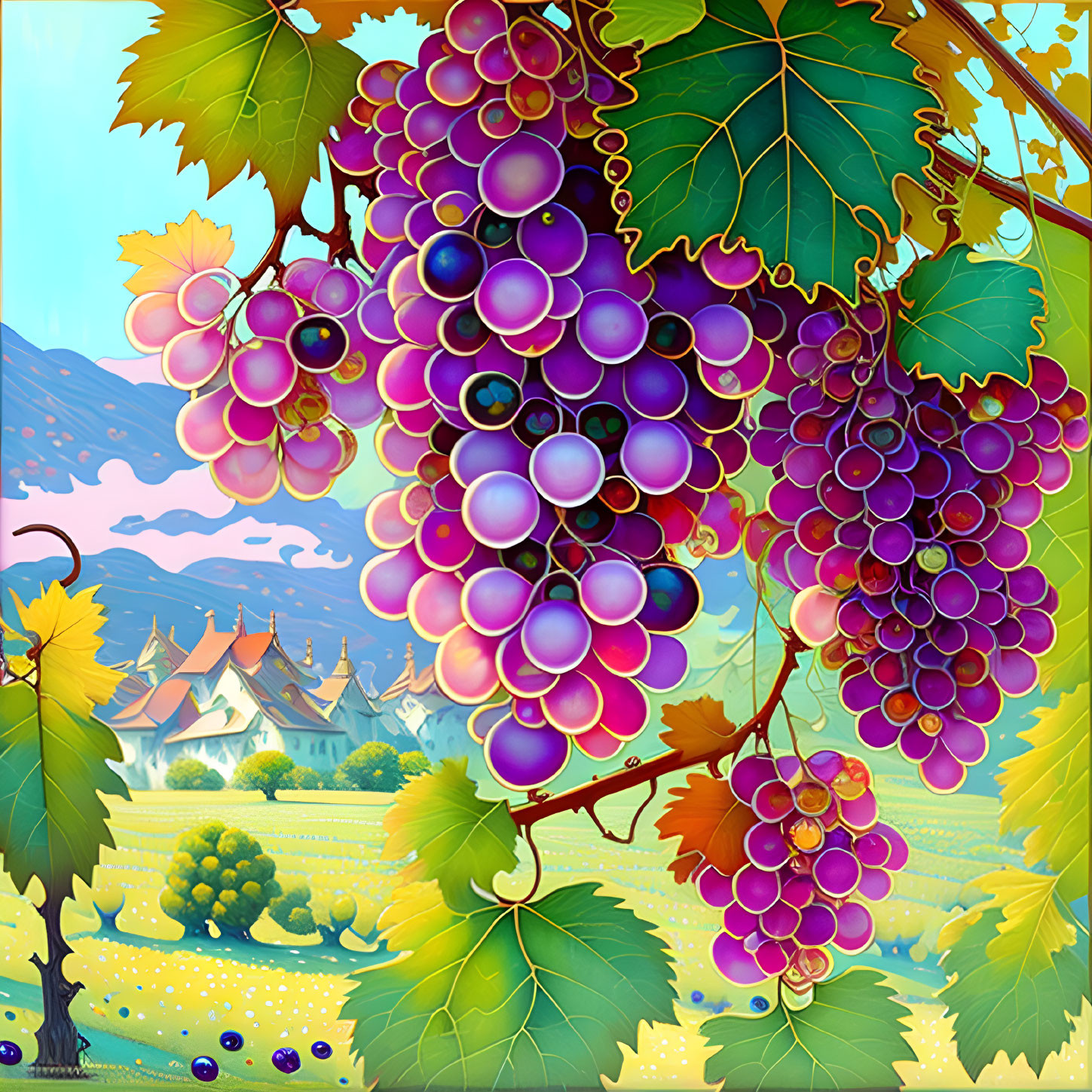 Colorful illustration of purple grapes, village, and mountains at sunset