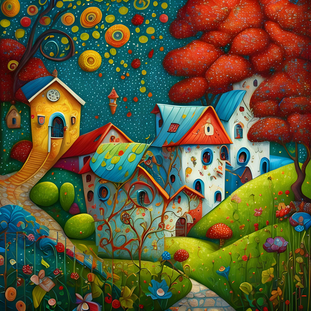 Colorful Illustration of Unique Houses Among Rolling Hills