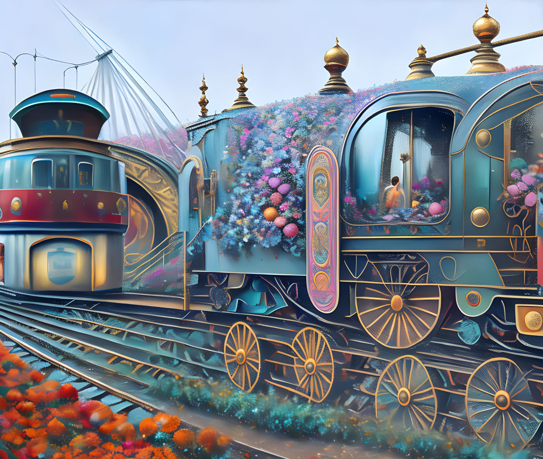 Vintage Train Decorated with Flowers and Gold Accents Amid Colorful Flora on Track