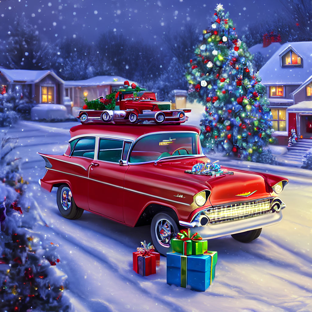 Red Classic Car with Gifts Parked Near Snowy Curb and Christmas Tree