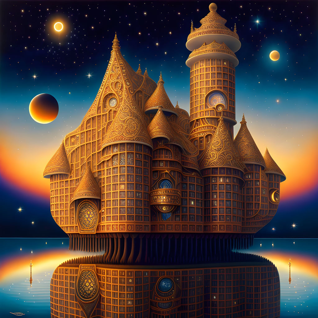 Ornate castle on floating platform in twilight sky