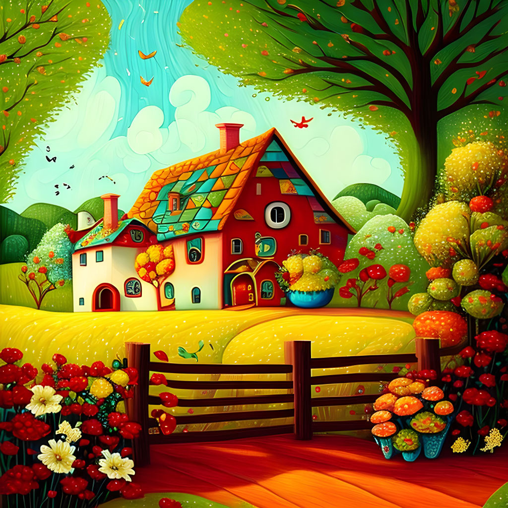 Colorful Cartoon Illustration of Quaint House Surrounded by Nature