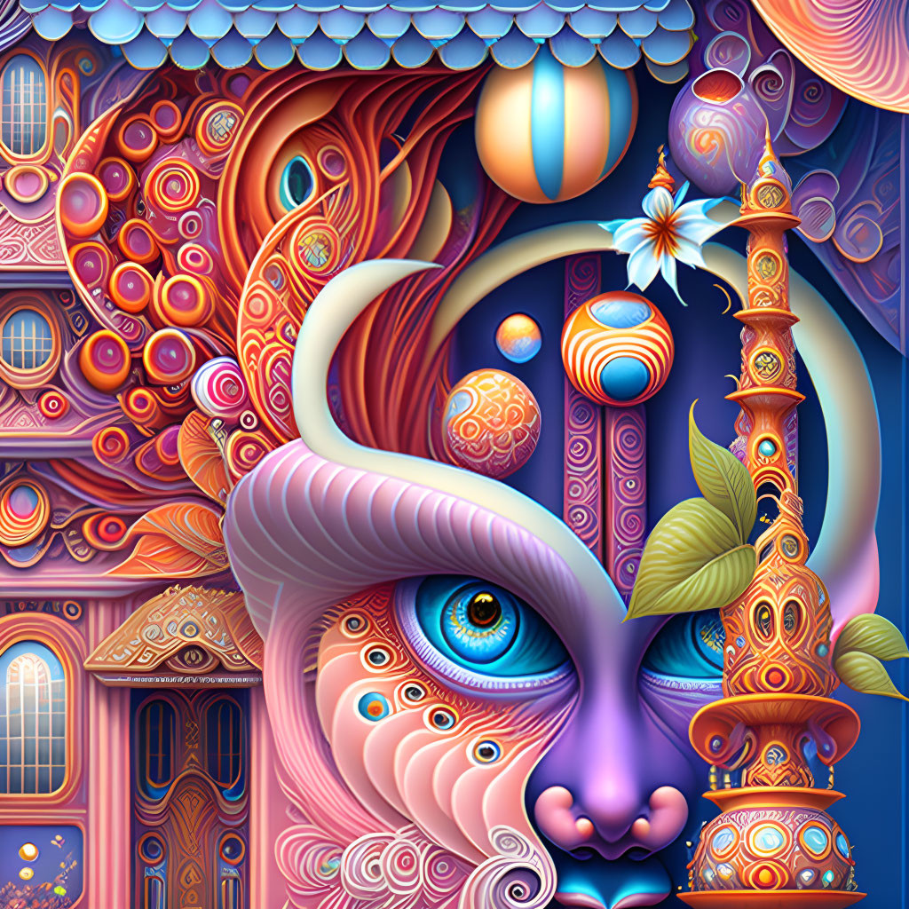 Colorful abstract digital art with surreal face and eye in fantastical landscape