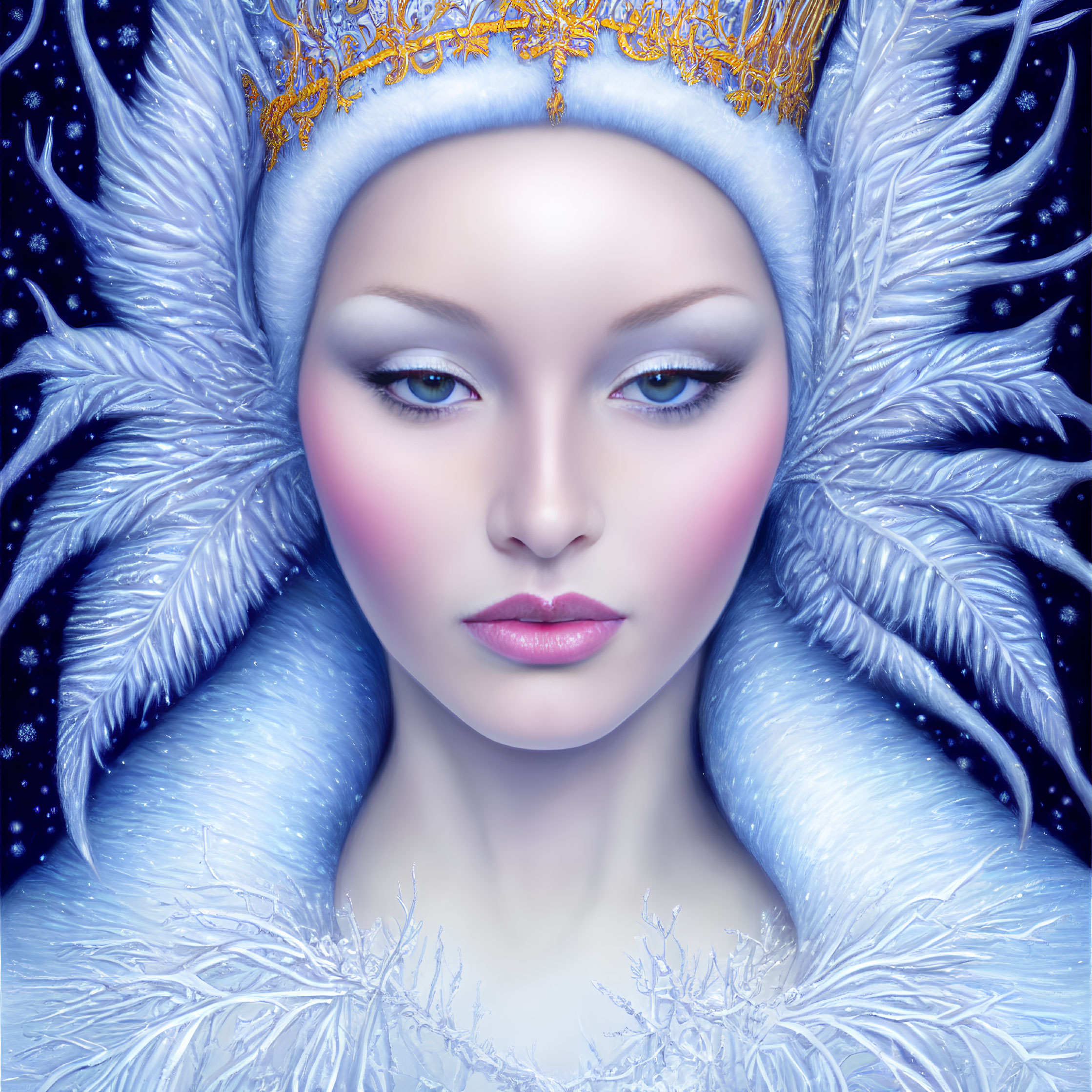 Illustration of person with pale skin, blue eyes, golden crown, white attire in snowy scene