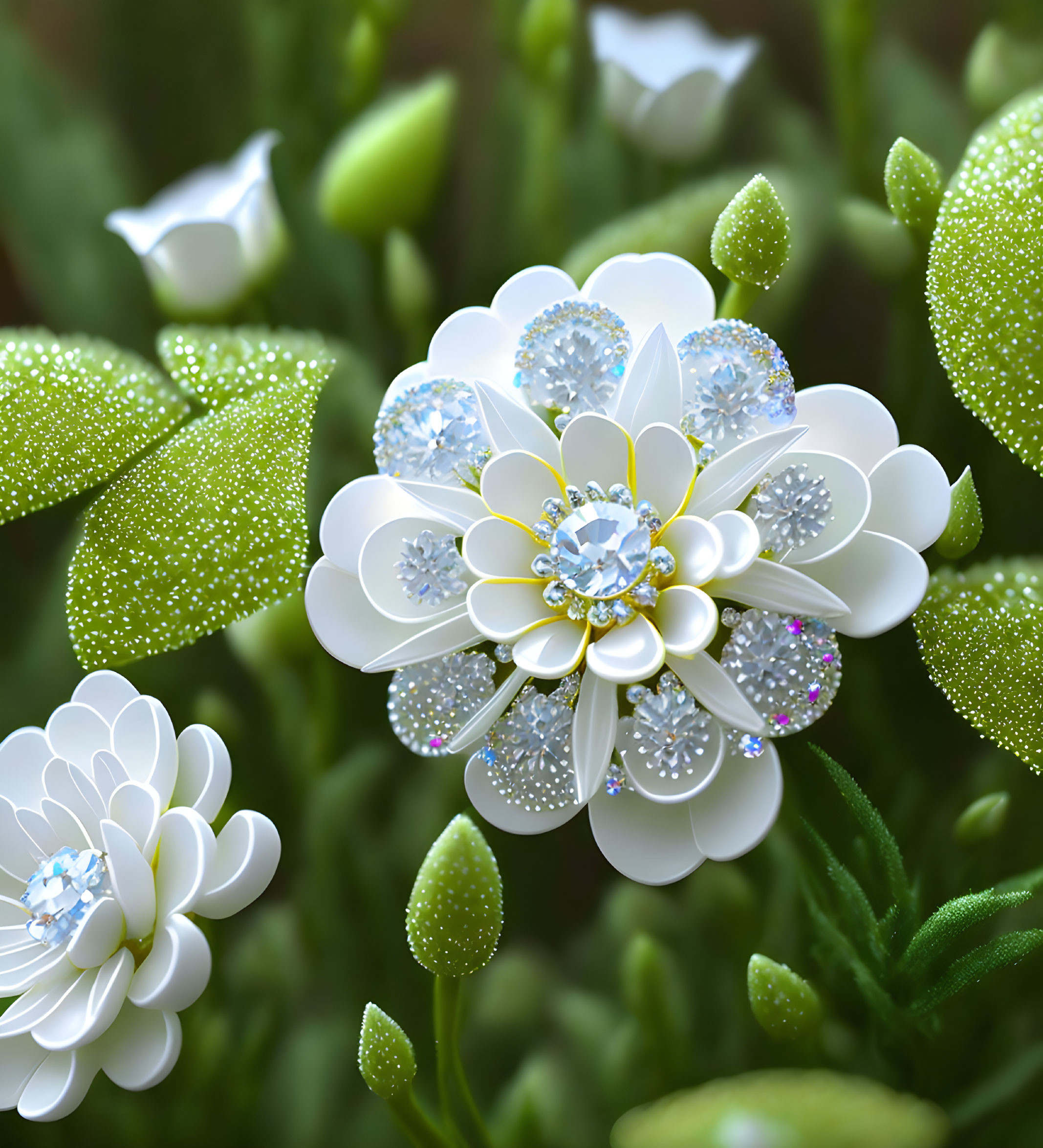 White jeweled flowers with sparkling dewdrops on green leaves and buds.