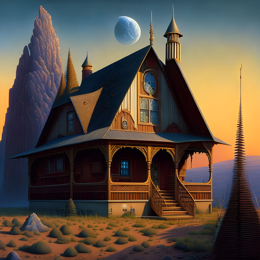 Ornate wooden house with clock tower in desert landscape at dusk