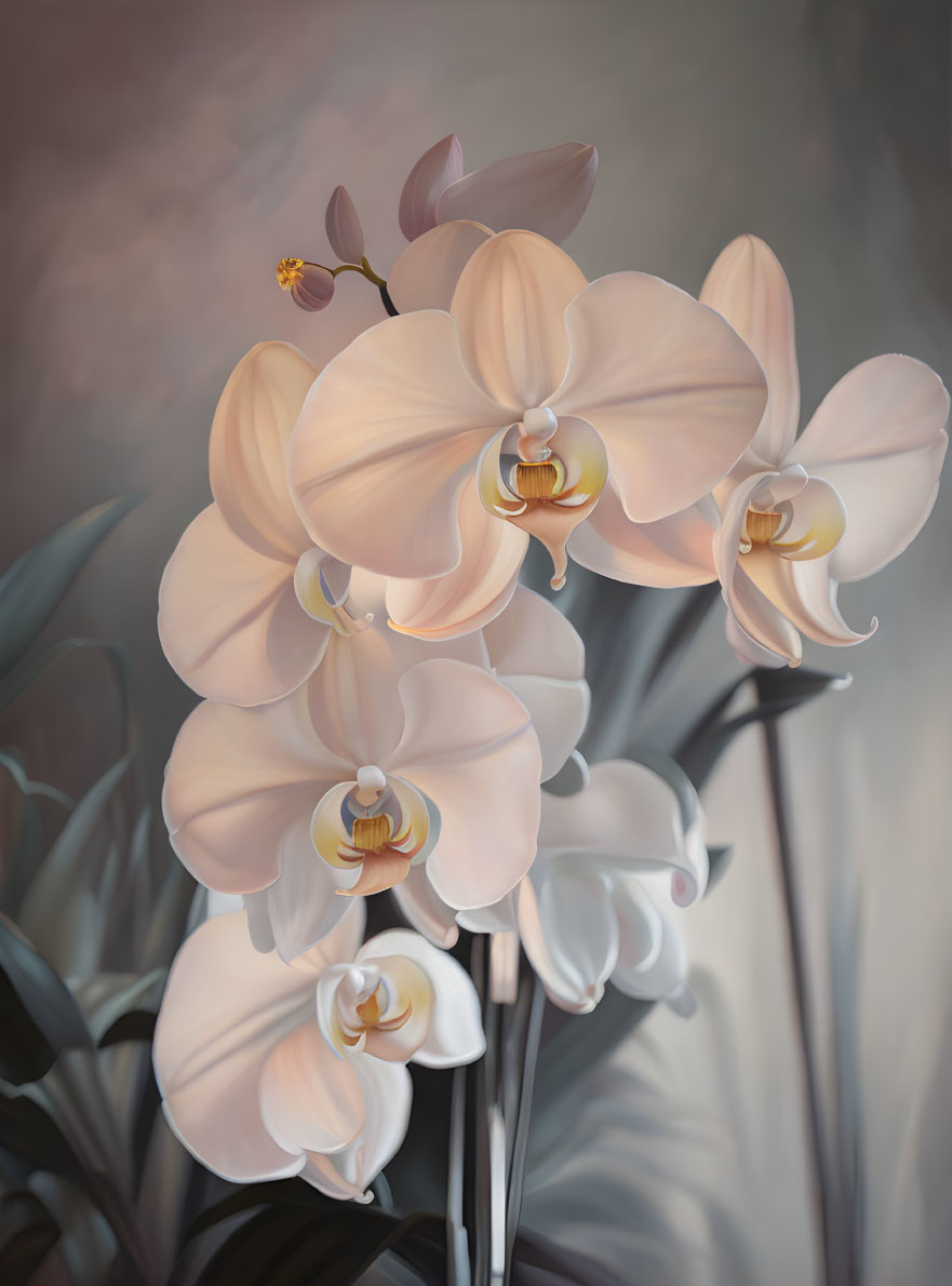 Cream-Colored Orchids Close-Up with Vibrant Yellow Centers