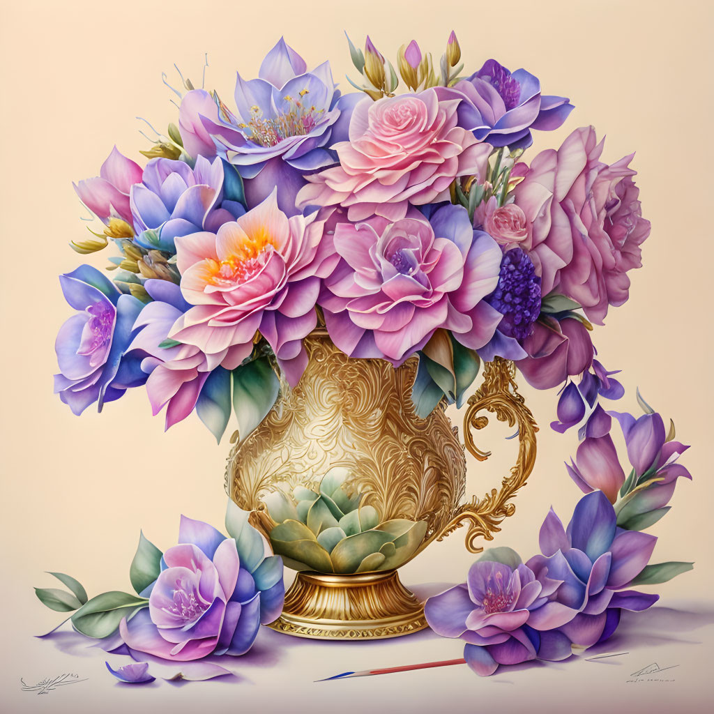 Pink and Purple Flowers in Golden Vase on Pale Background