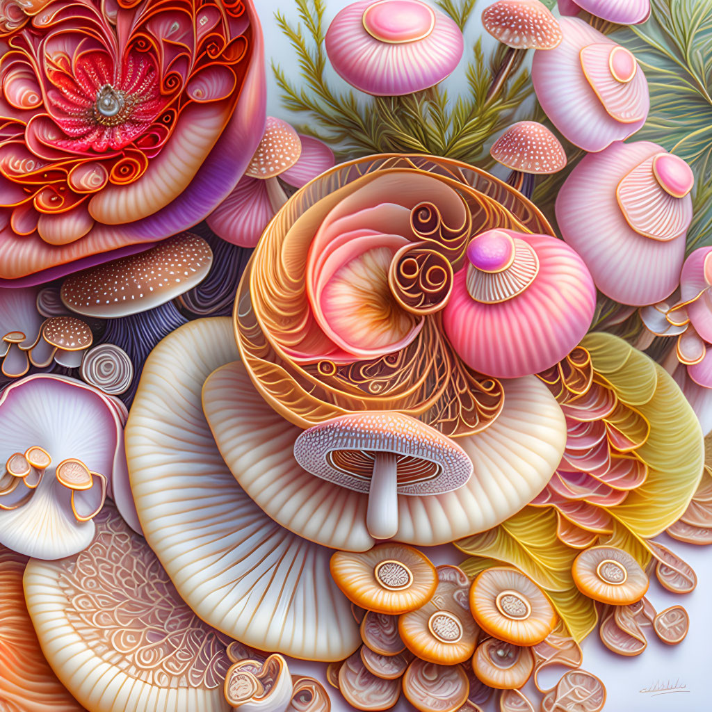 Colorful Stylized Mushroom and Floral Digital Art with 3D Layered Effect