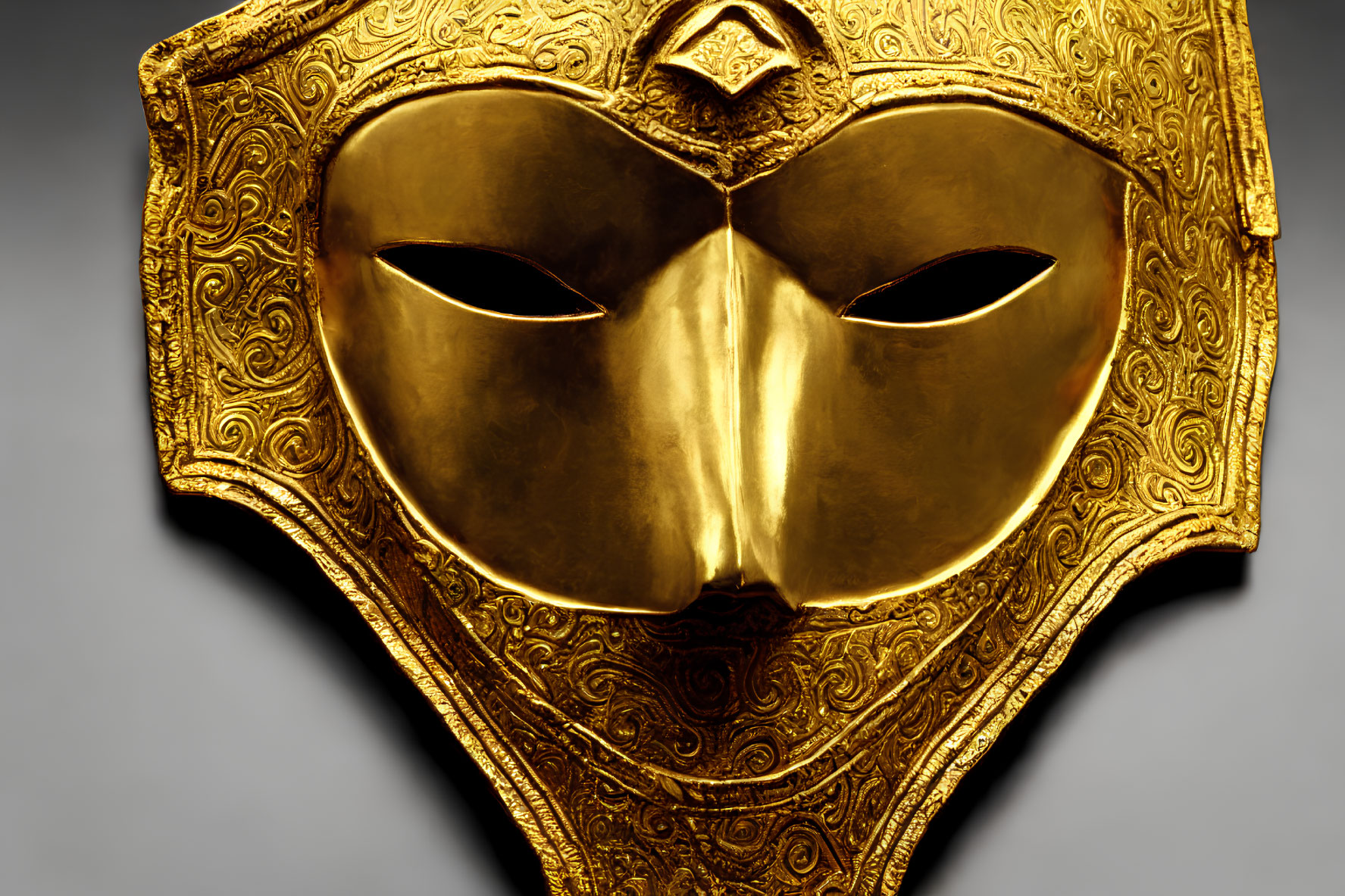 Intricate Golden Mask with Eye Cutouts and Crest on Dark Background