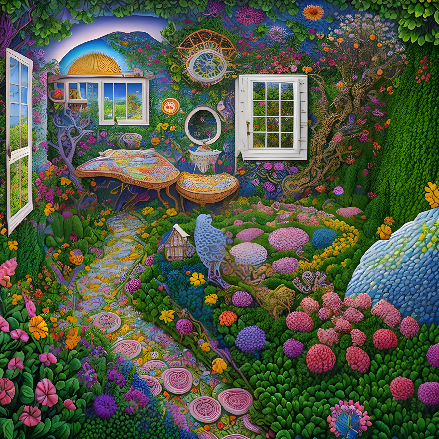 Colorful Garden Illustration with Whimsical Plants and Furniture