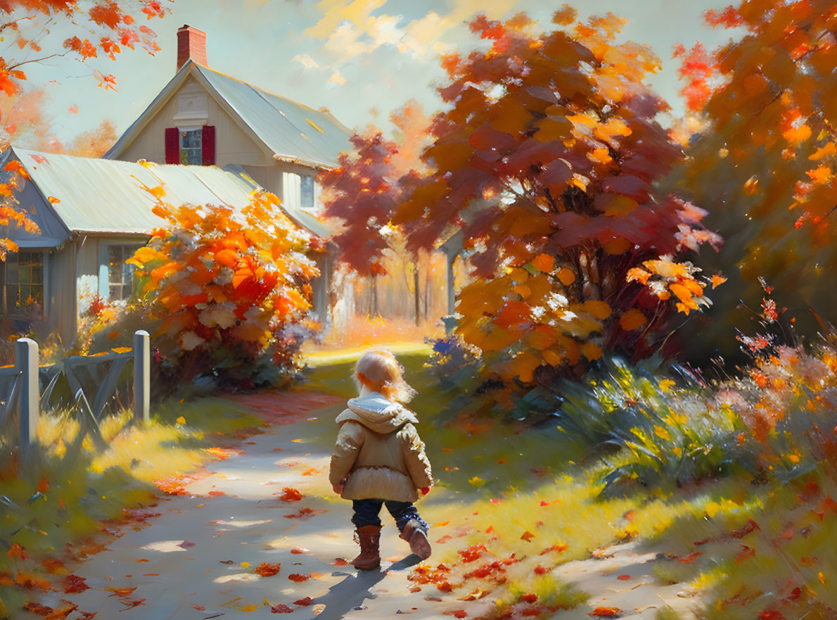 Child walking on sunlit path with autumn foliage and cozy house