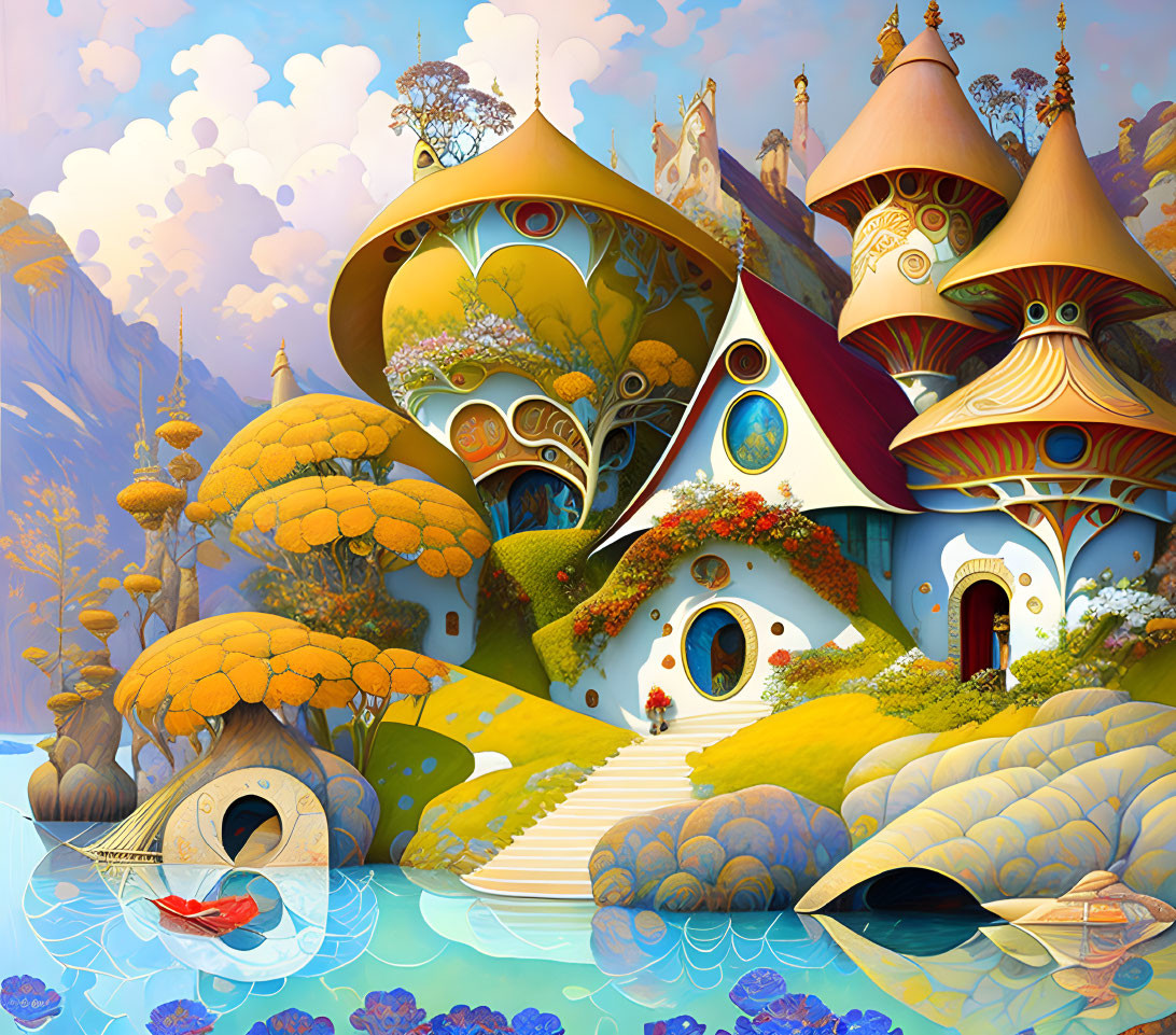 Colorful Fantasy Landscape with Organic Houses, Boat, and Fantastical Trees