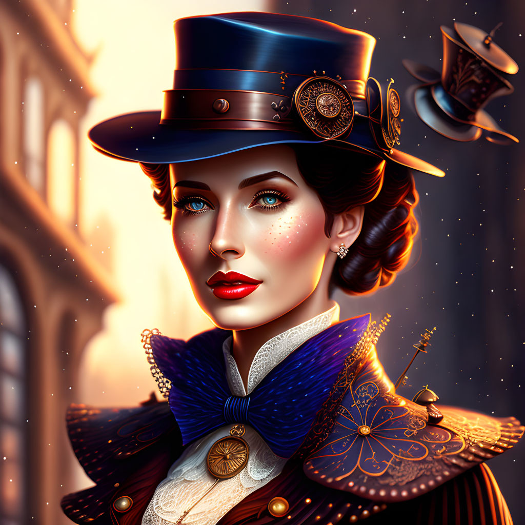 Digital illustration of woman with blue eyes in steampunk attire