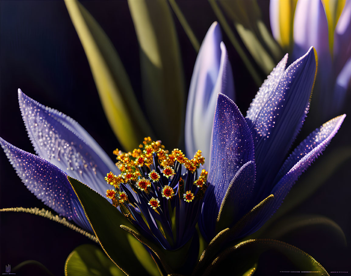 Vibrant flower with dewdrops in soft glowing light