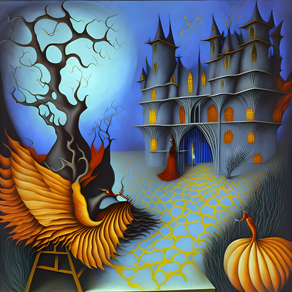 Fantasy painting: fiery winged creature, whimsical tree, castle, pumpkin.