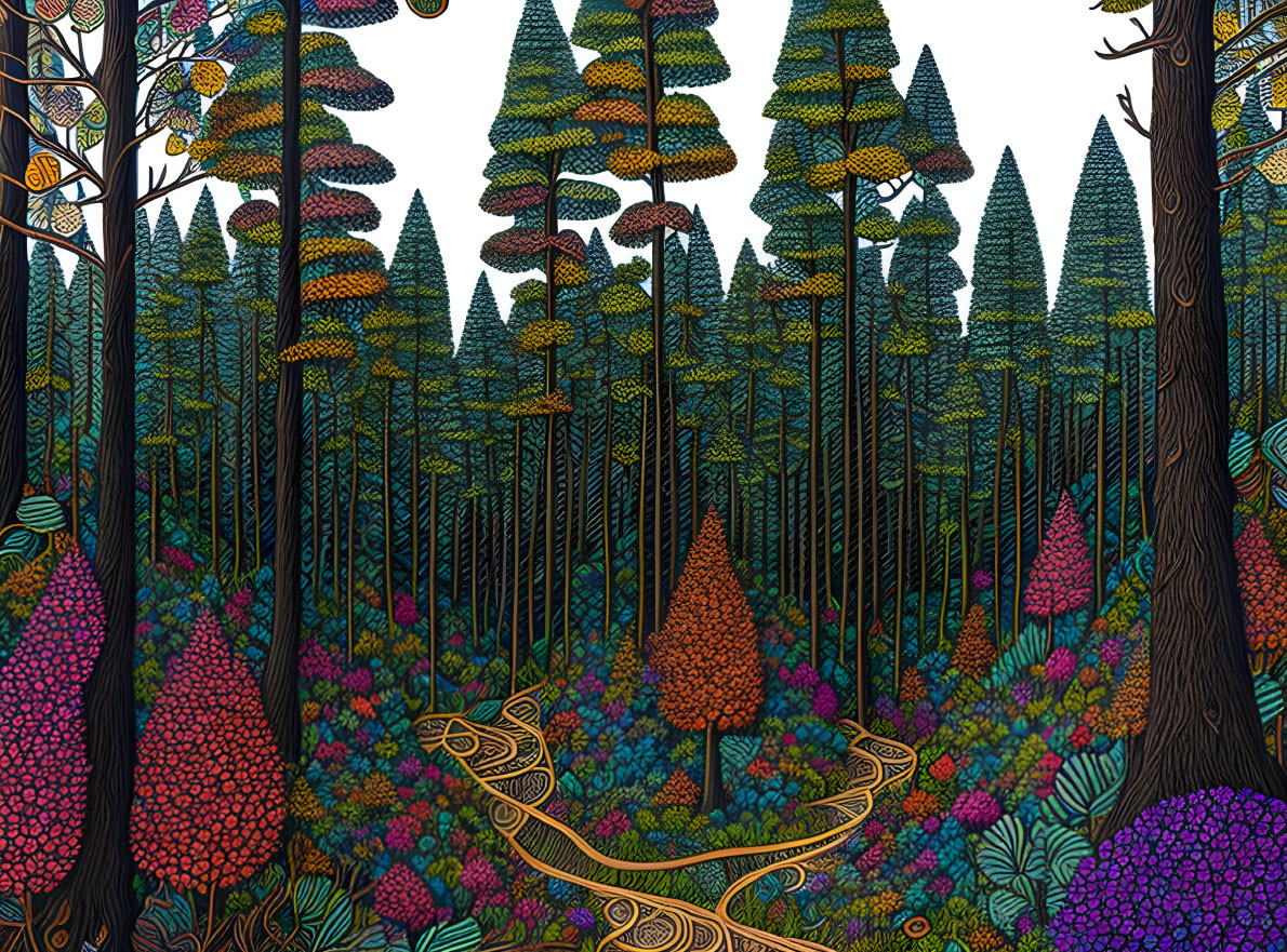 Vibrant forest illustration with patterned trees and detailed undergrowth