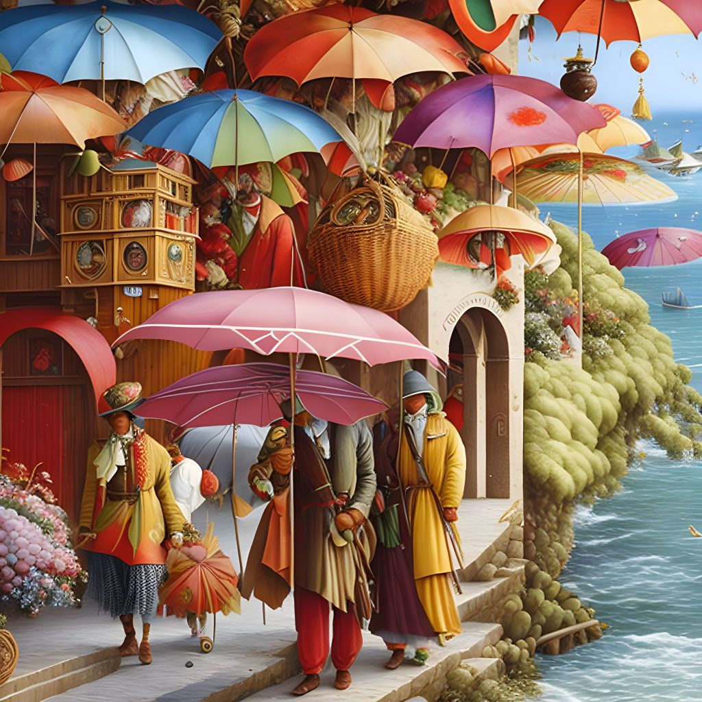 Colorful surreal market scene with umbrellas, lanterns, lush trees, and tranquil sea