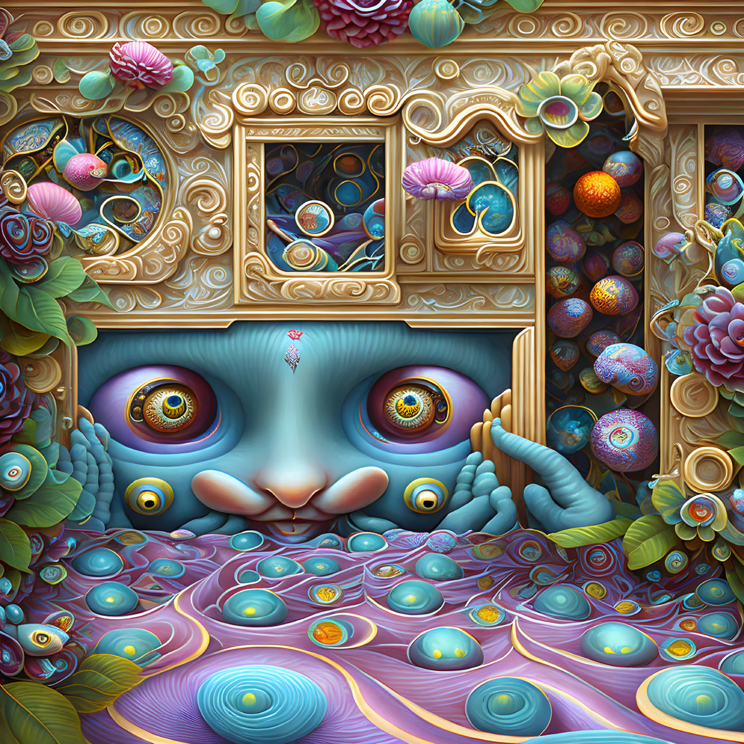 Colorful surreal artwork: Whimsical creature with large eyes in ornate floral frame.