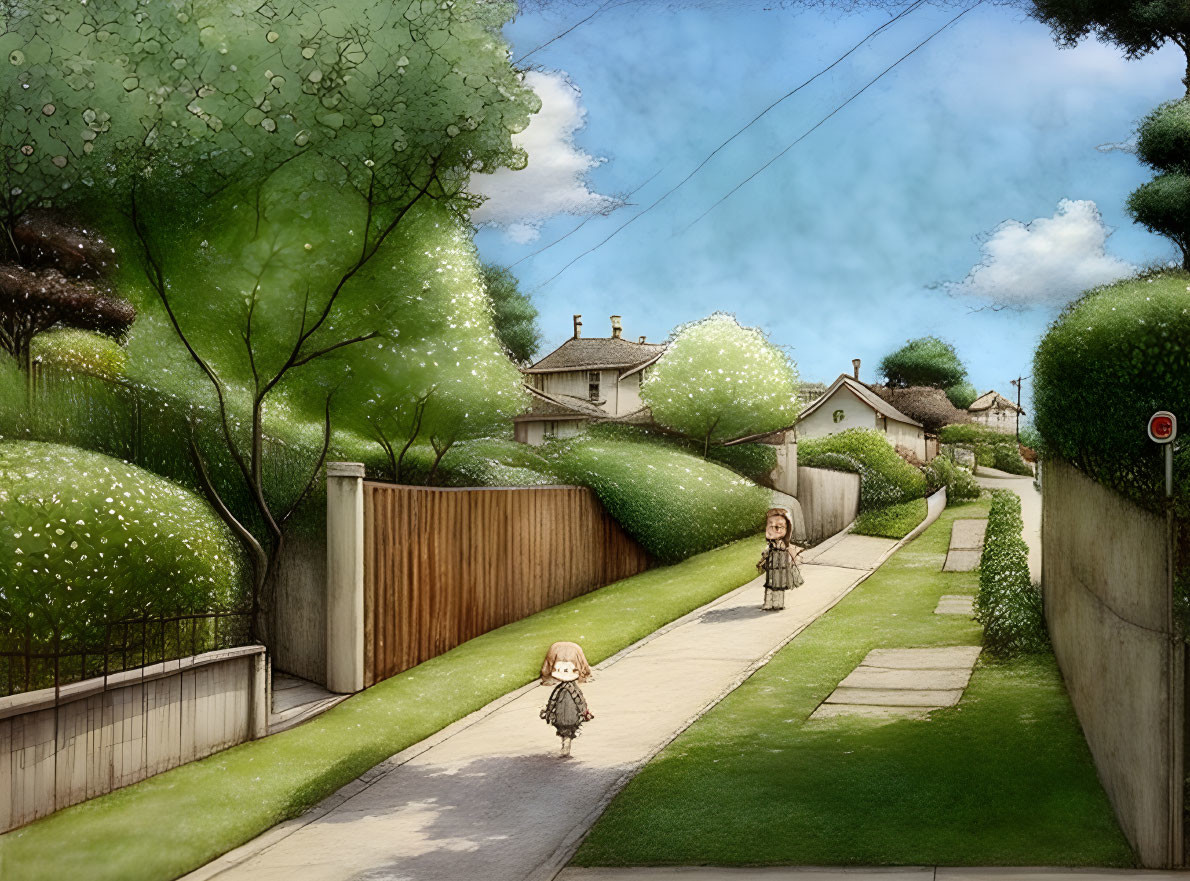 Tranquil street scene with children, greenery, and quaint houses