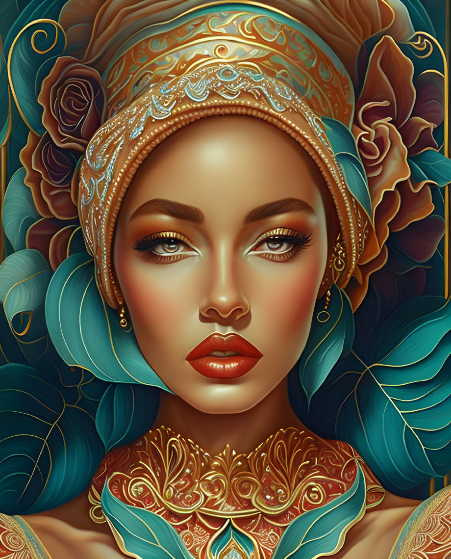 Portrait of Woman with Turquoise Headwrap and Golden Jewelry Among Stylized Roses