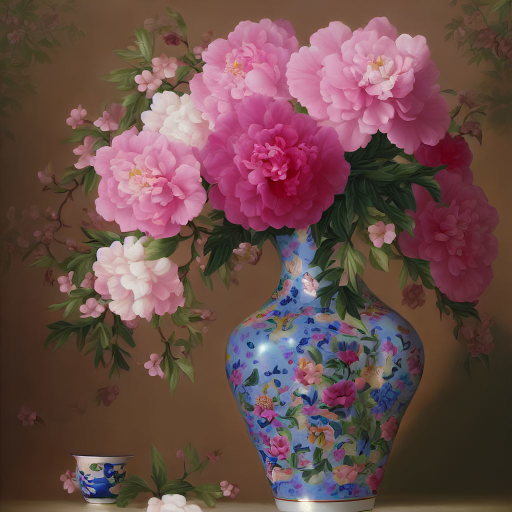 Pink peonies in blue vase with scattered petals on warm backdrop