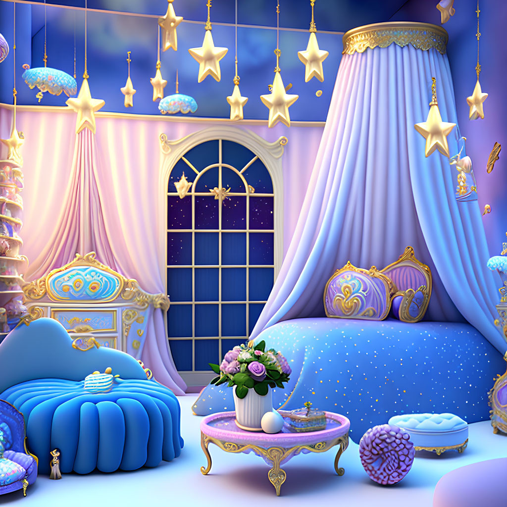 Whimsical star-themed bedroom with blue bed, star pillows, night sky window, and flower table