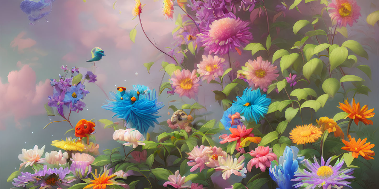 Colorful oversized flowers and whimsical creatures in a dreamy setting.