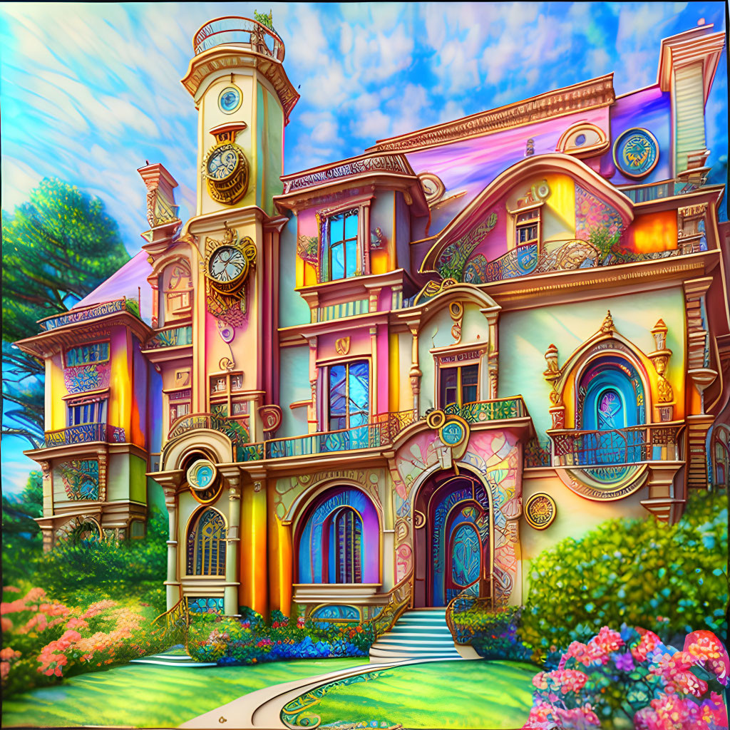 Colorful whimsical illustration of a fantastical house in lush gardens