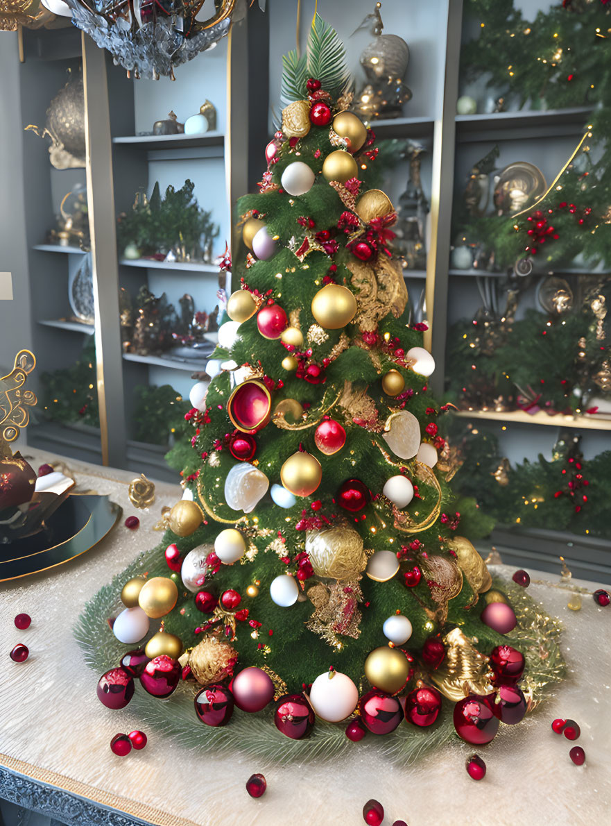 Festive Christmas tree with red and gold ornaments in decorated room