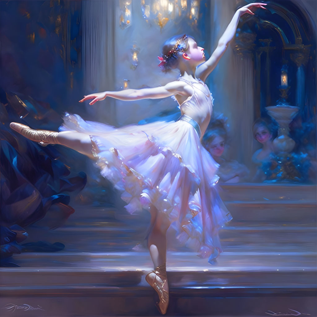 Ballerina in white tutu performs on stage under soft blue light