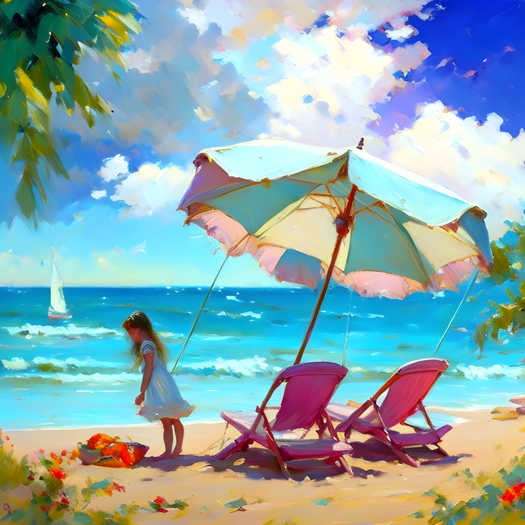 Young girl under umbrella by seaside with sailboat, beach chairs, and flora